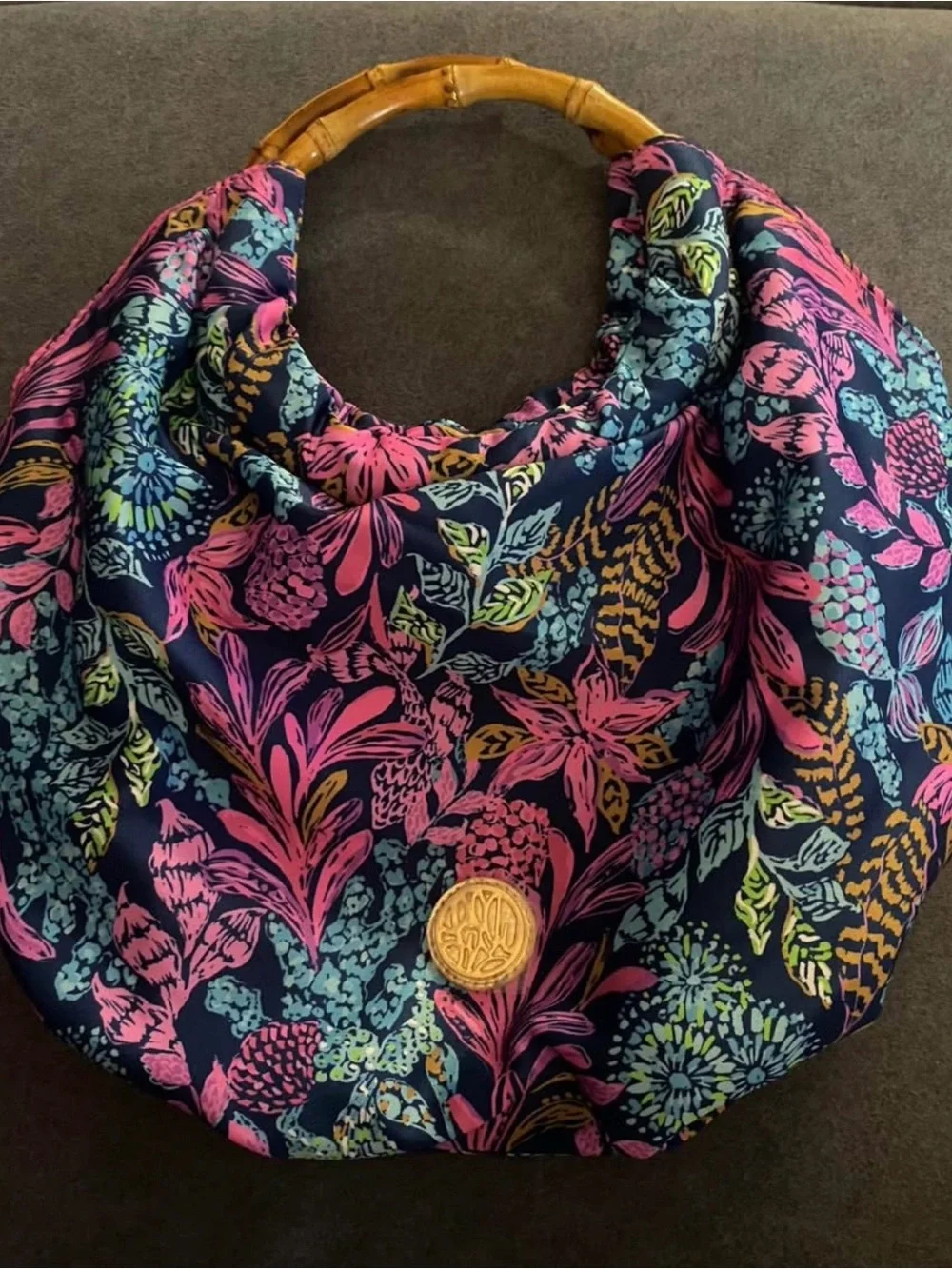 NWOT Lilly Pulitzer Calypso Coast Aegean Navy Bamboo Handle Bag